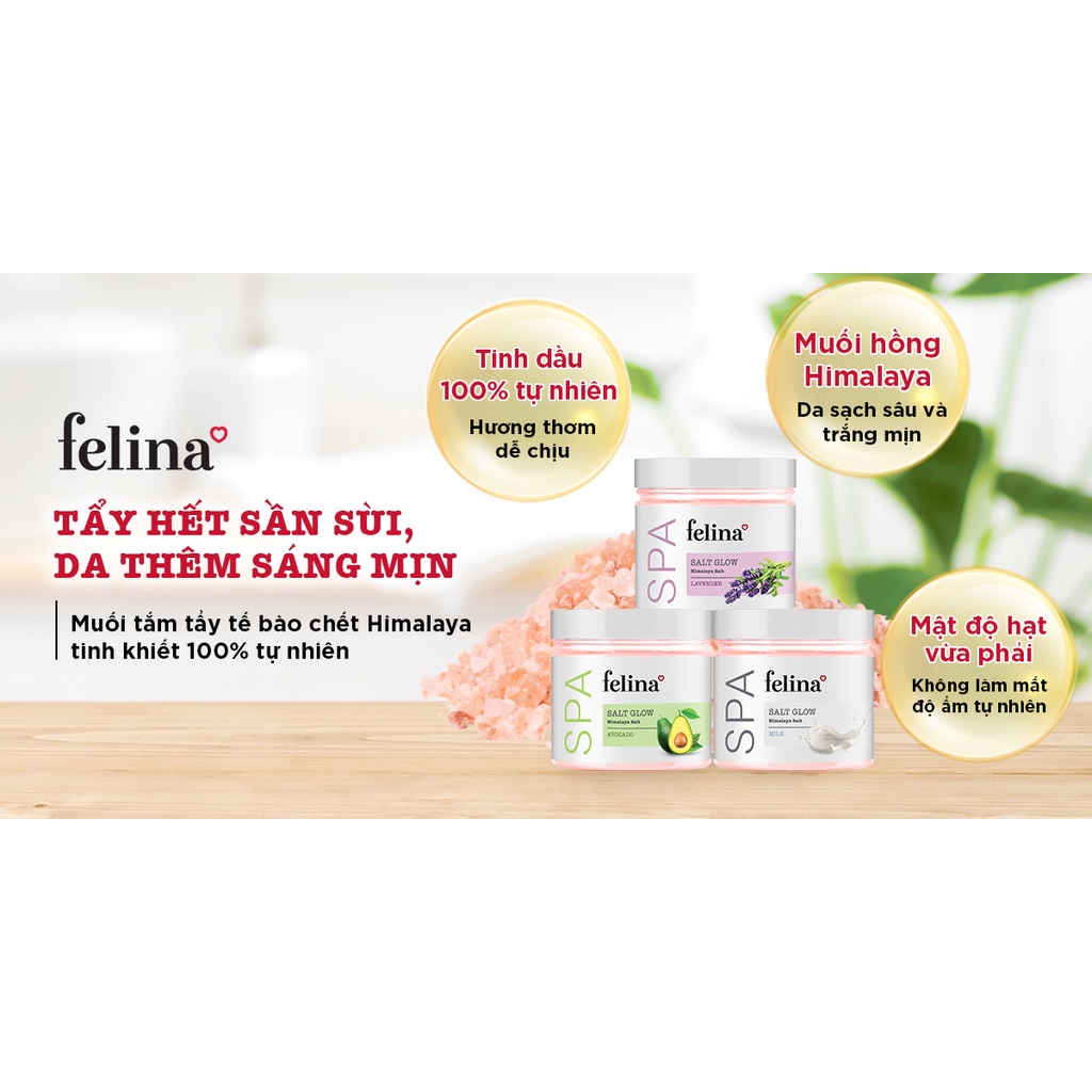 Combo 3 hộp tẩy tế bào chết Felina - Muối hồng Himalaya 500g/hộp, Kem cà phê 220g/hộp, Gel hạt mơ nghiền 300ml/hộp