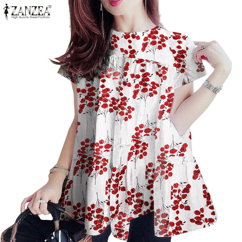 Áo Zanzea Ngắn Tay Xếp Ly Họa Tiết Hoa Cổ Tròn Đơn Giản Cho Nữ