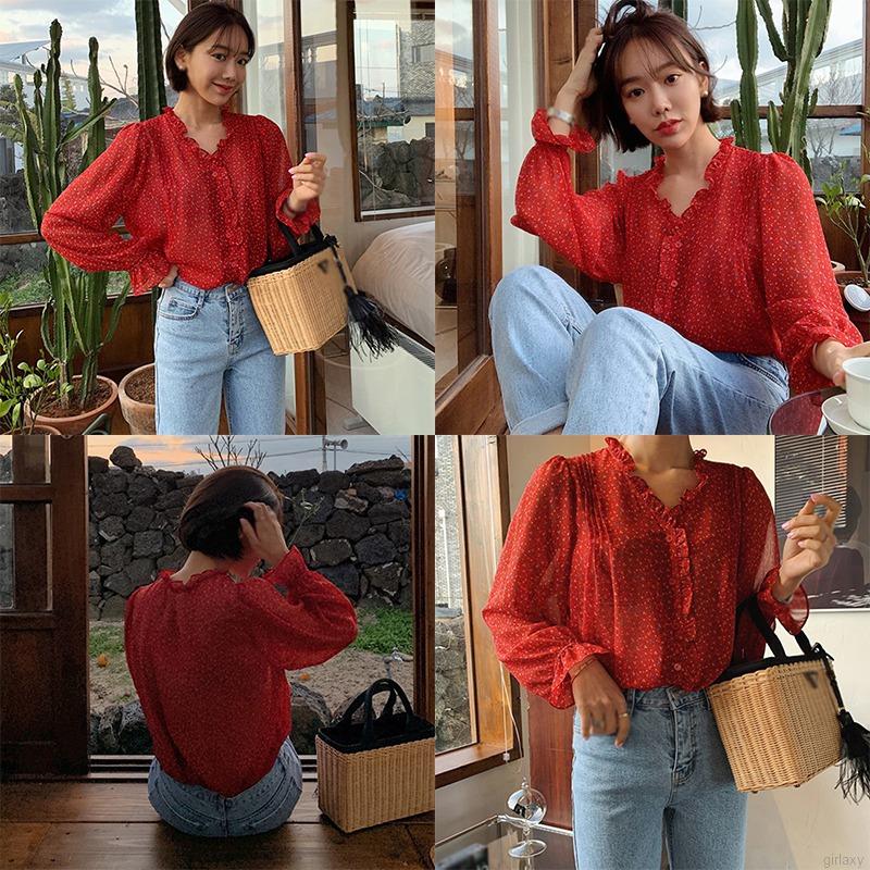 Áo Nữ Tay Dài Cổ Chữ V Họa Tiết Hoa Thời Trang Xinh Xắn Phong Cách Hàn Quốc