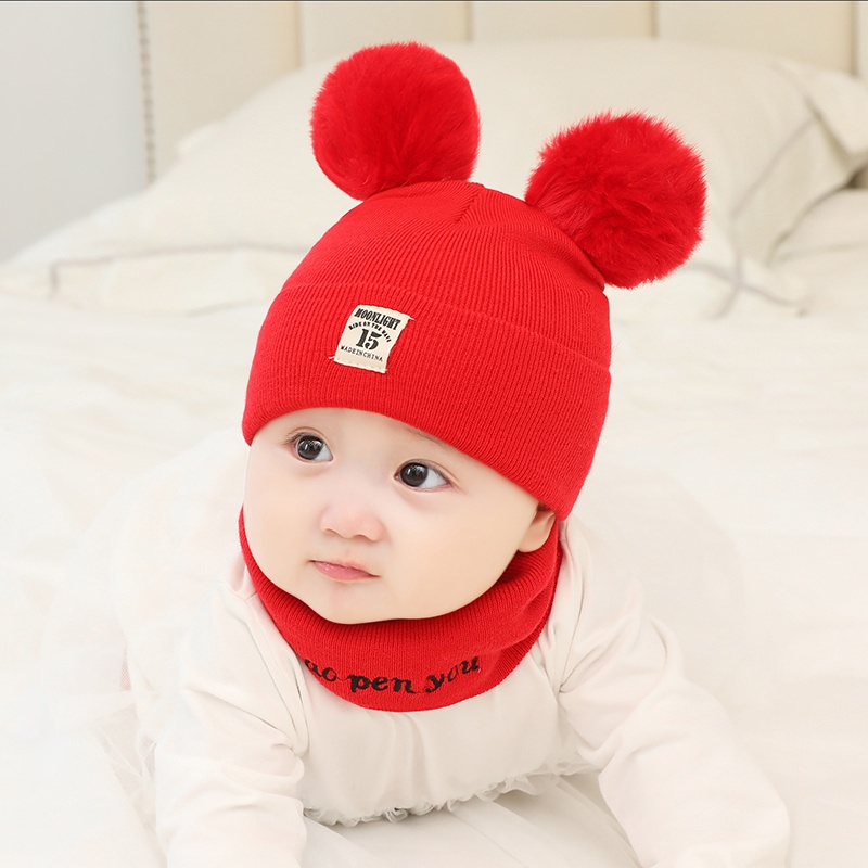 Mũ len hai Quả Bông thời trang  MOONLIGHT 15 xuất Hàn giữ ấm cho bé tặng kèm khăn ống