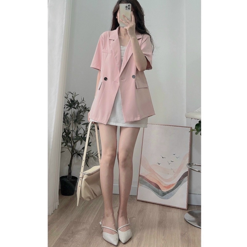 Áo Blazer Kẻ Sọc Caro Ngắn Tay Túi Nắp - Ảnh thật Lekemqc ❤️