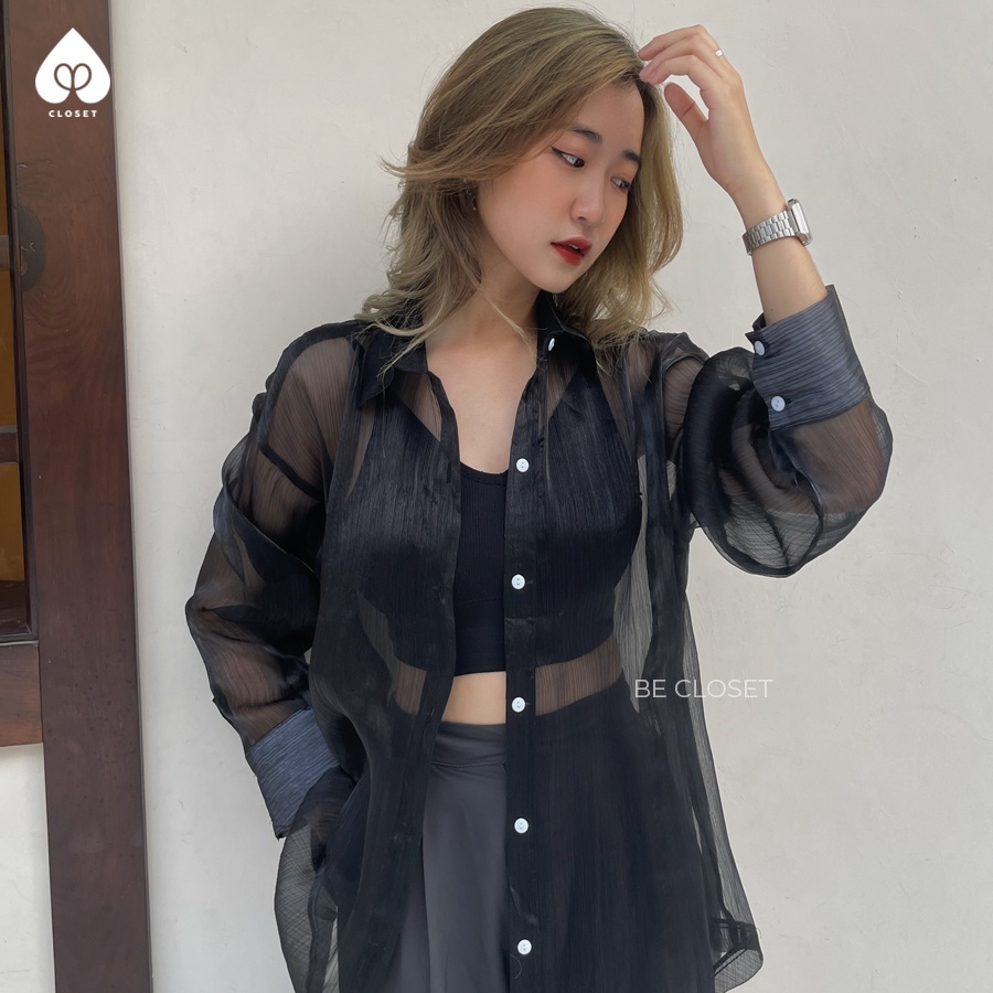 Áo sơ mi nữ dài tay Be Closet BLACK FLOWY freesize