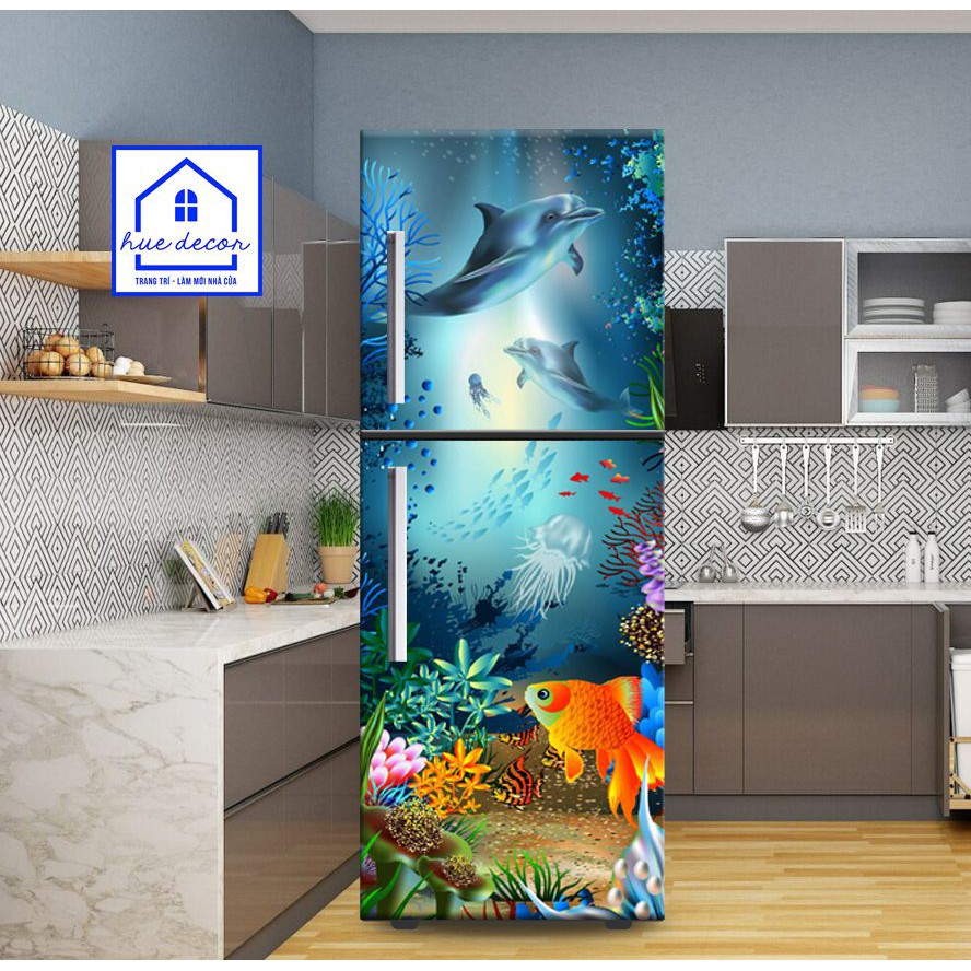 Giấy decal chuyên dụng dán tủ lạnh - máy giặt 3D cá Heo đại dương thương hiệu HUE DECOR chống nước