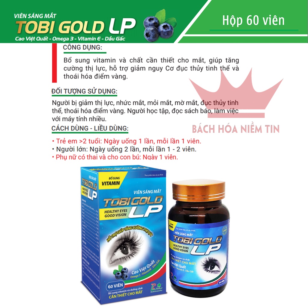 Viên uống Sáng Mắt TOBI GOLD LP - tăng cường thị lực, giảm nguy cơ đục thủy tinh thể thoái hóa điểm vàng - Hộp 60 viên
