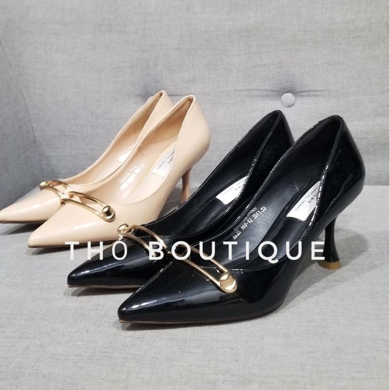 Giày cao gót ADWEINA chính hãng da bóng tag ngang kem, đen 7cm size 34 35 36 38 39