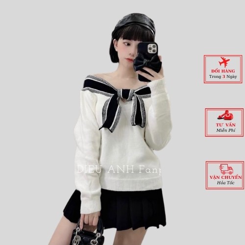Áo len nơ trễ vai nữ màu đen trắng dài tay ulzzang hàn quốc thời trang yolo fashion
