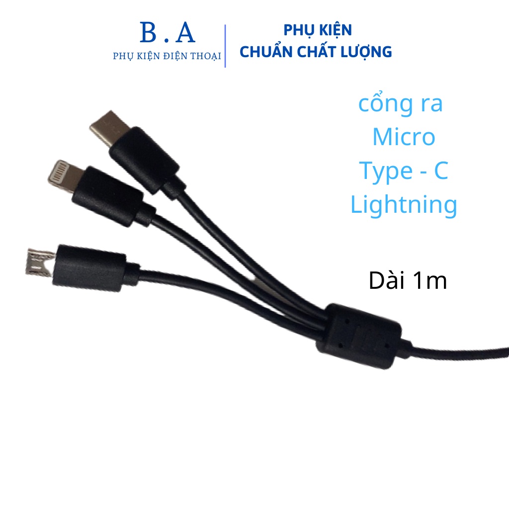 Dây cáp sạc,sạc 3 đầu chính hãng giá rẻ MicroUSB + Lightning + Type C 3 trong 1 sạc nhanh cho iphone,samsung,oppo