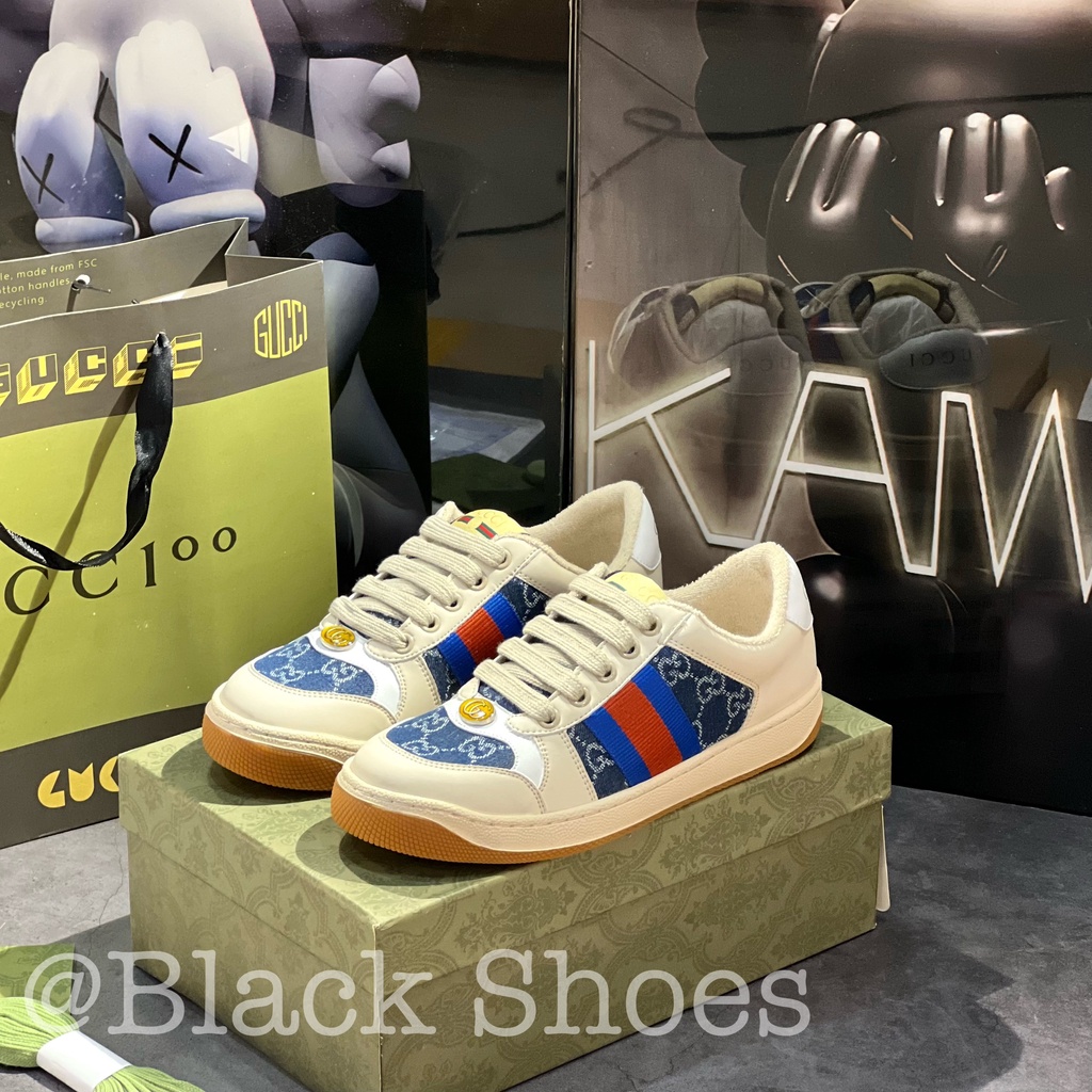Giày Thể Thao Gucci Screener Sneakers Blue Womens GT Leather GG Canvas Beige Blue Cao Cấp