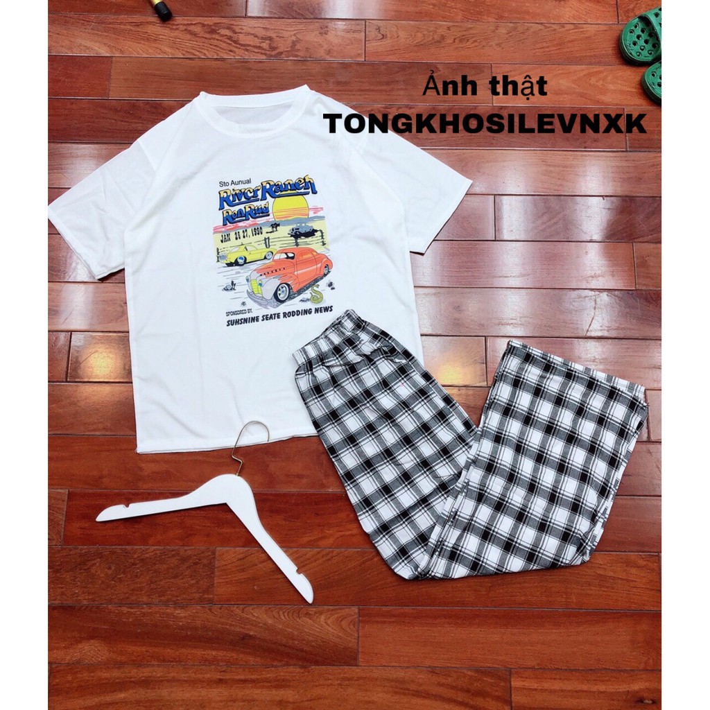 Set bộ áo thun ô tô mix quần kẻ ống suông xám trắng - Set bộ thun dạo phố unisex phom rộng dáng suông chất thun giá rẻ