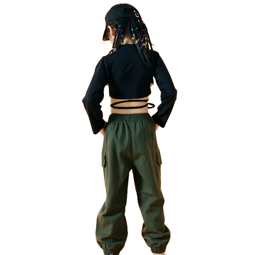 Bộ Áo Croptop Màu Đen + Quần Dài Phong Cách Jazz Hip Hop Thời Trang Biểu Diễn Cho Bé Gái