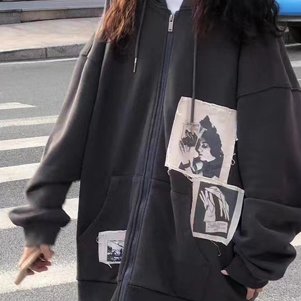 Áo hoodie ZHELIHANGFEI dài tay dáng rộng phong cách retro Mỹ