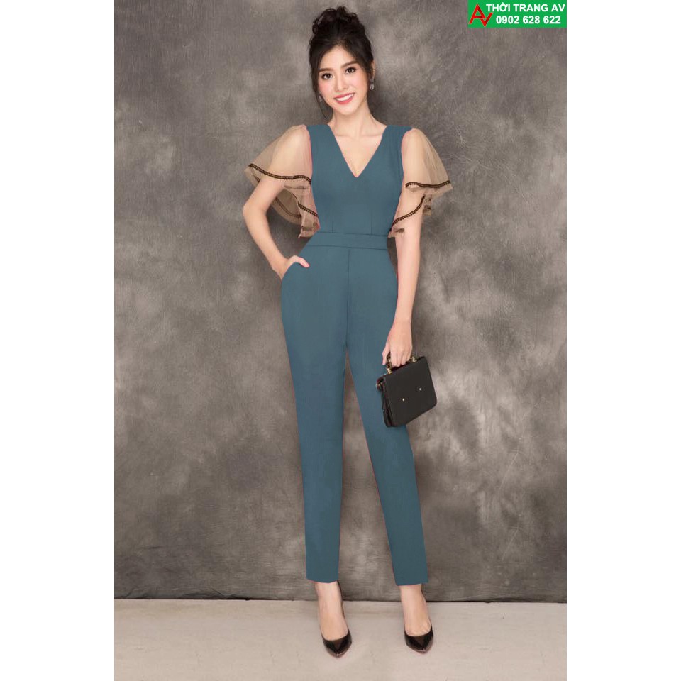 Jumpsuit - Đồ bay dài cổ tim tay cánh tiên phối lưới sang trọng - AV5952