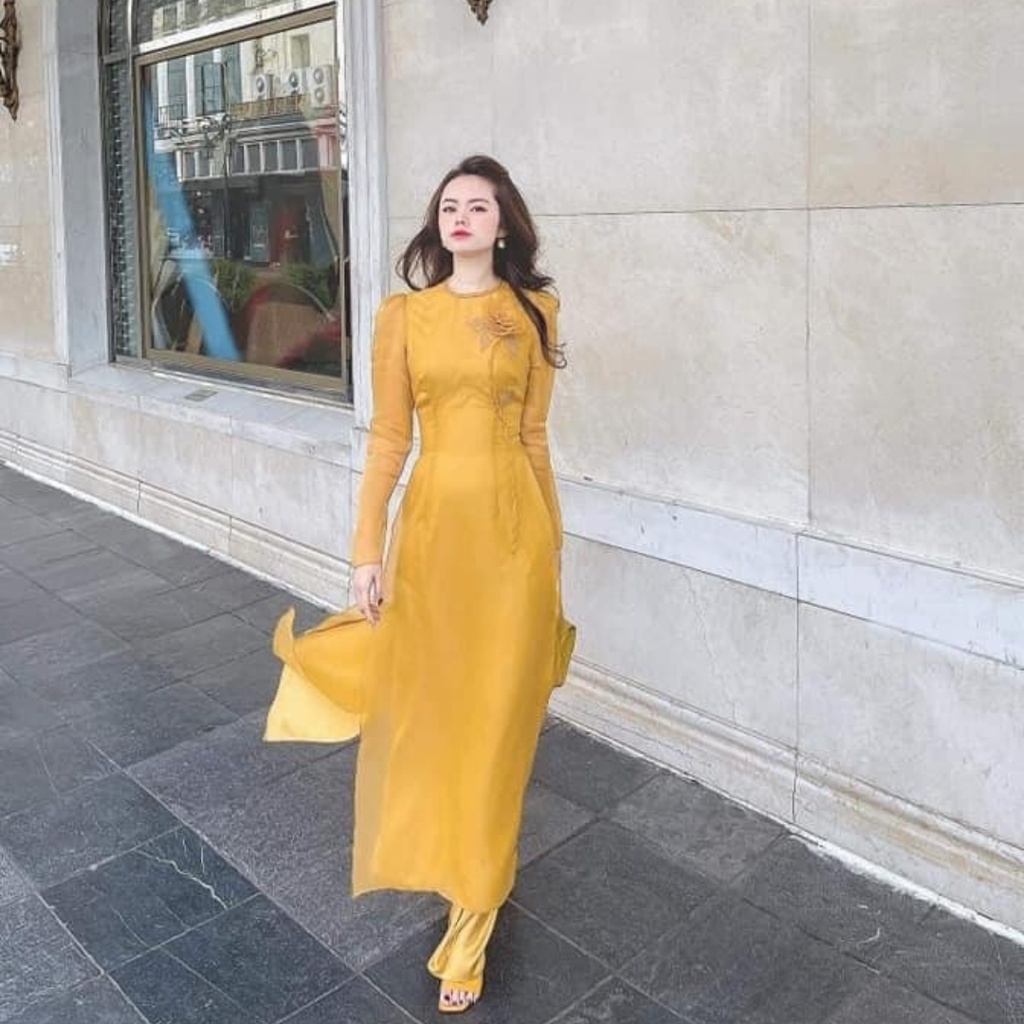 Áo dài cách tân chất voon organza  - vàng tết cổ