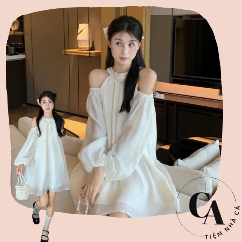 Váy hở vai cổ yếm đầm công chúa chất voan tơ 2 lớp màu kem dáng xoè ulzzang hàn quốc đi chơi, đi du lịch