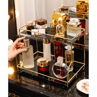 Kệ đựng mỹ phẩm 2 tầng mặt kính chữ nhật Gold80