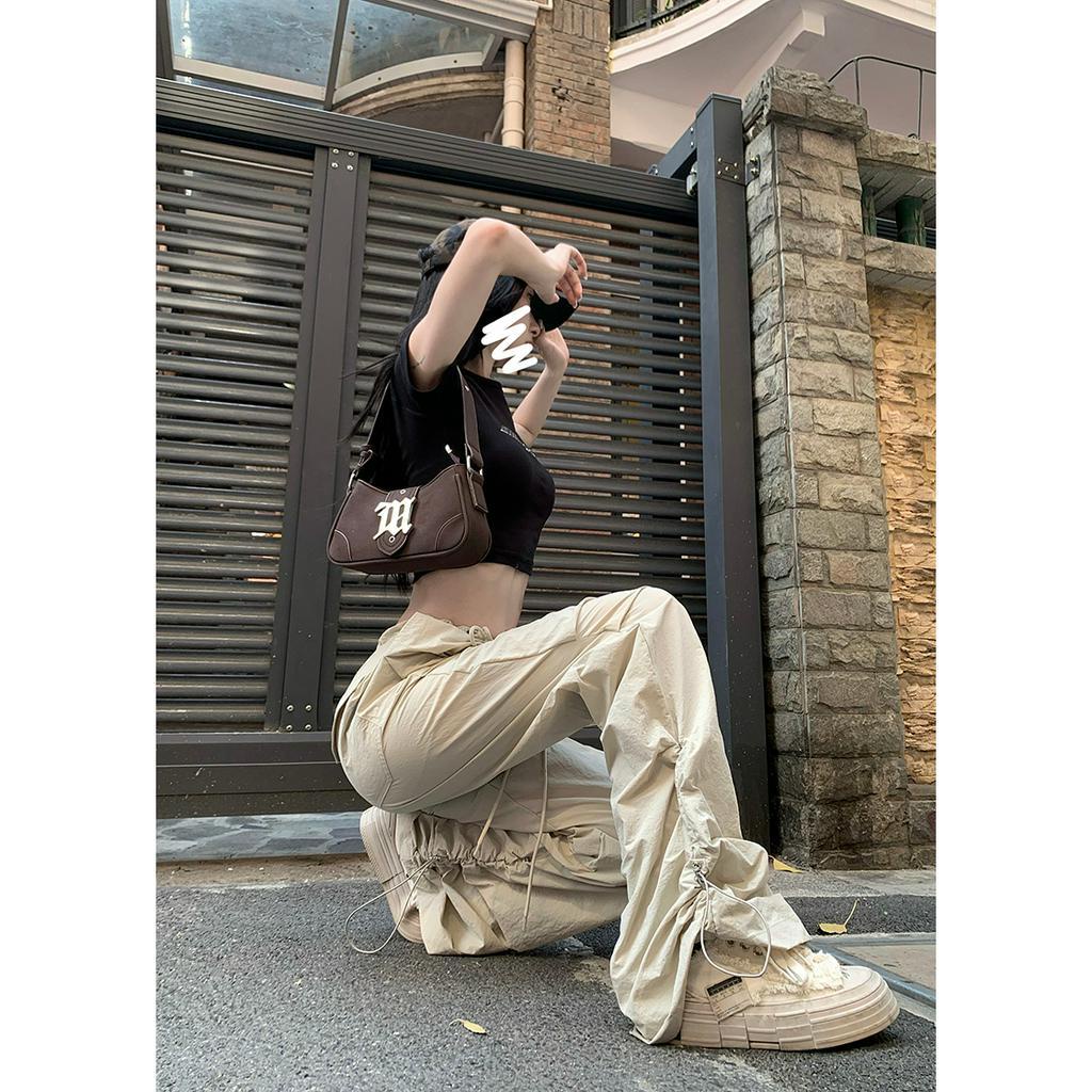 qkoole Quần ống rộng Lưng Cao Dây Rút Phong Cách Mỹ Thời Trang Mùa Hè Cho Nữ