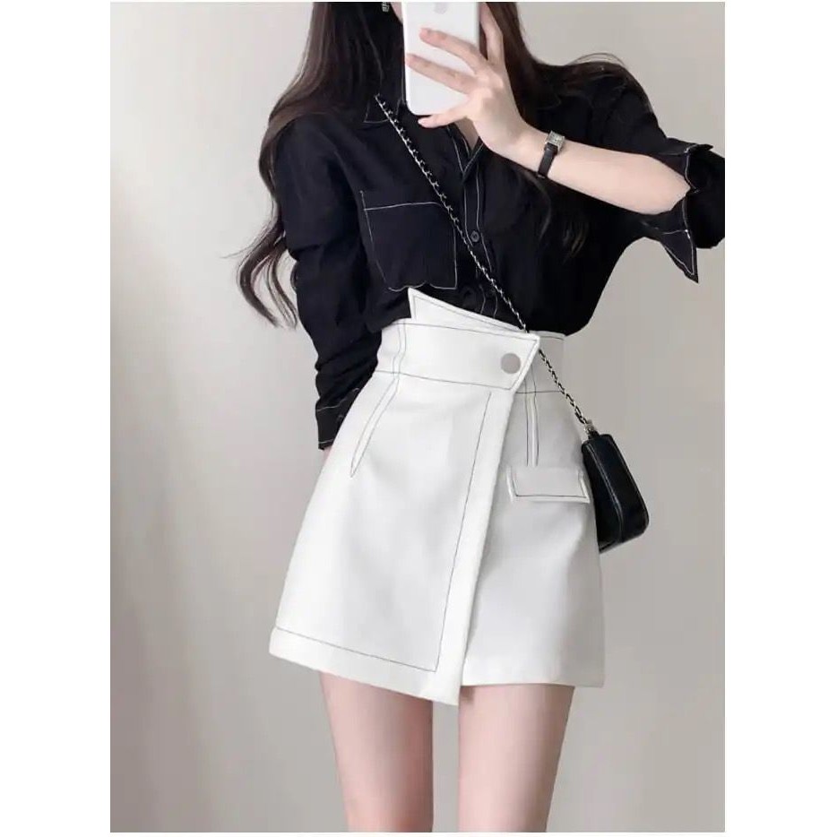 Chân váy chữ a lưng cao vạt chéo chỉ nổi quần nữ công sở màu đen trắng LUZADO QCV06 | BigBuy360 - bigbuy360.vn