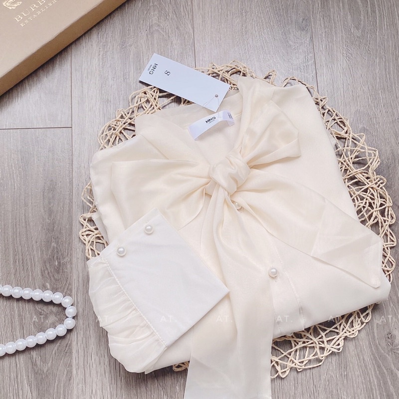 Áo Sơ Mi Dài Tay Nữ Form Rộng Vải Tơ 2 Lớp Thắt Nơ Công Sở