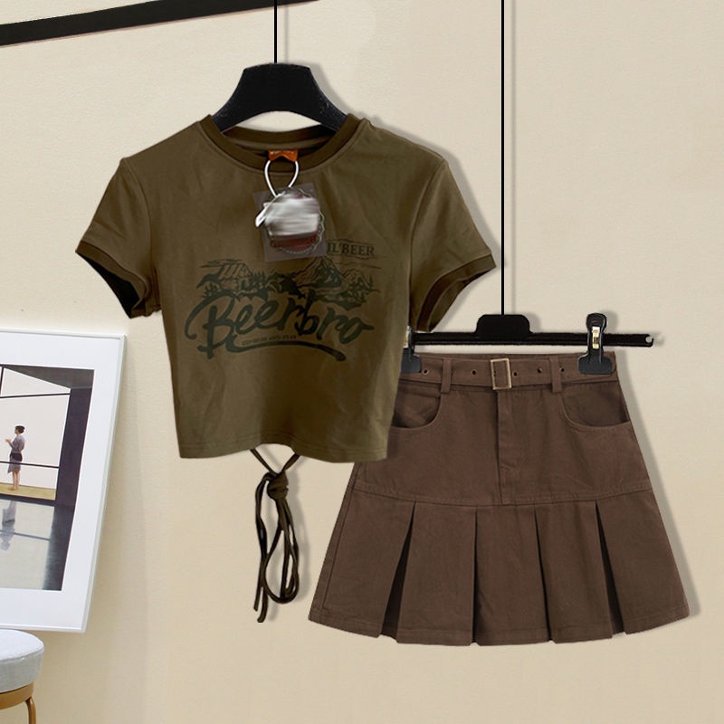 Set Áo Thun Ngắn Tay Plus Size + Chân Váy Xếp Ly Phong Cách Hàn Quốc Thời Trang Mùa Hè 2022