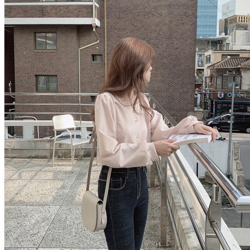 Áo Sơ Mi Dài Tay Phong Cách Hàn Quốc 175286 Áo Sơ Mi Cổ Vuông Dáng Rộng Màu Sắc Ngọt Ngào Phong Cách Phương Tây