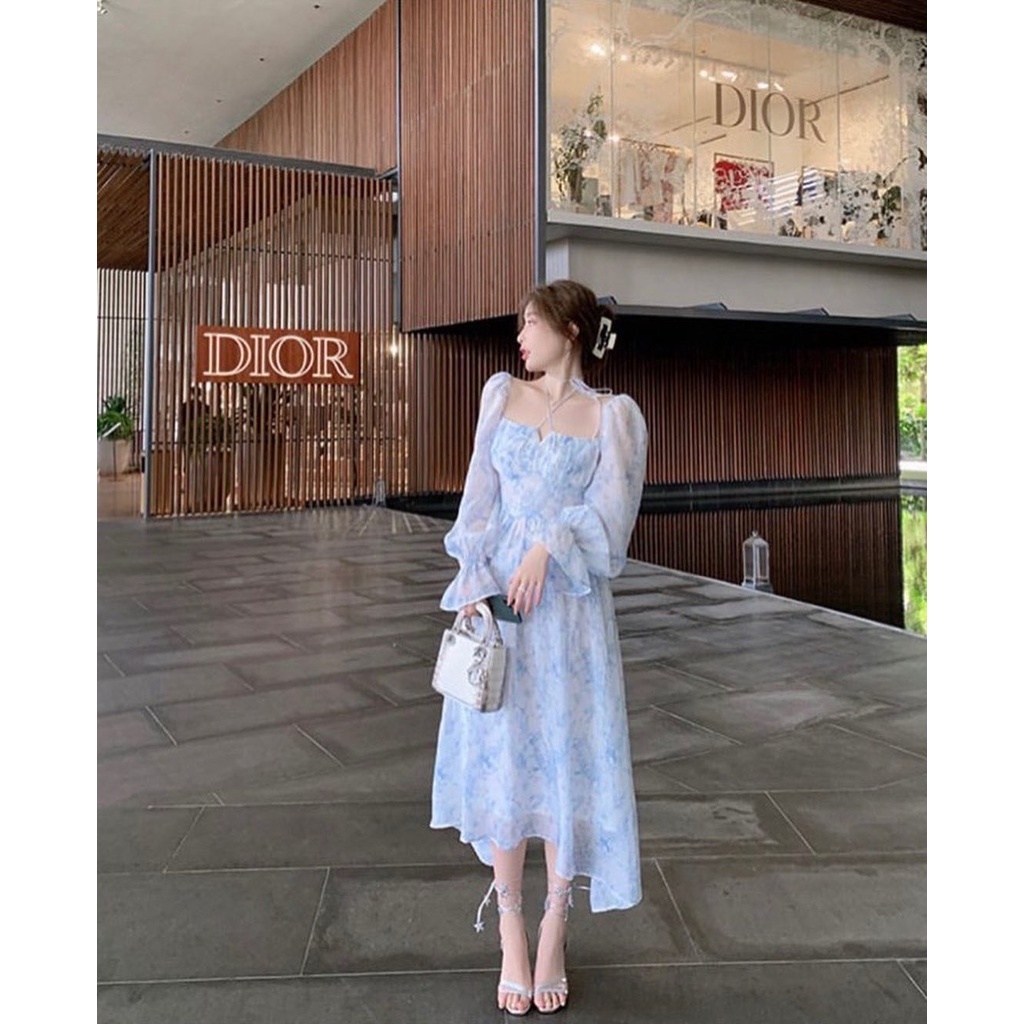 Đầm maxi hoa xanh cổ vuông dây chéo cổ , bo chun lưng sau phong cách XUKA DRESS