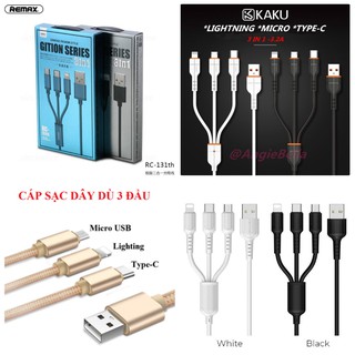 [GIÁ SỈ] CÁP SẠC 3 ĐẦU REMAX, BOROFONE, KAKU, DÂY DÙ DÀI 1m2 (IPHONE, TYPE-C, MICRO) [SALE]