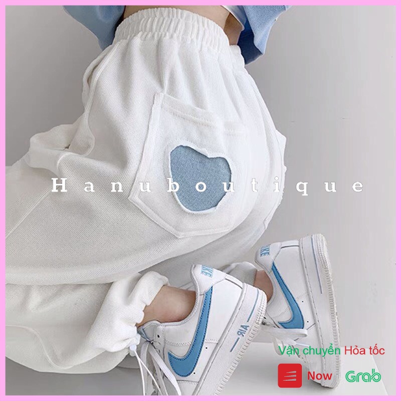 Quần jogger ống rộng 3 màu đáp trái tim sau xinh xắn/ Quần ống bom lưng cao tôn dáng dây rút gấu ulzzang