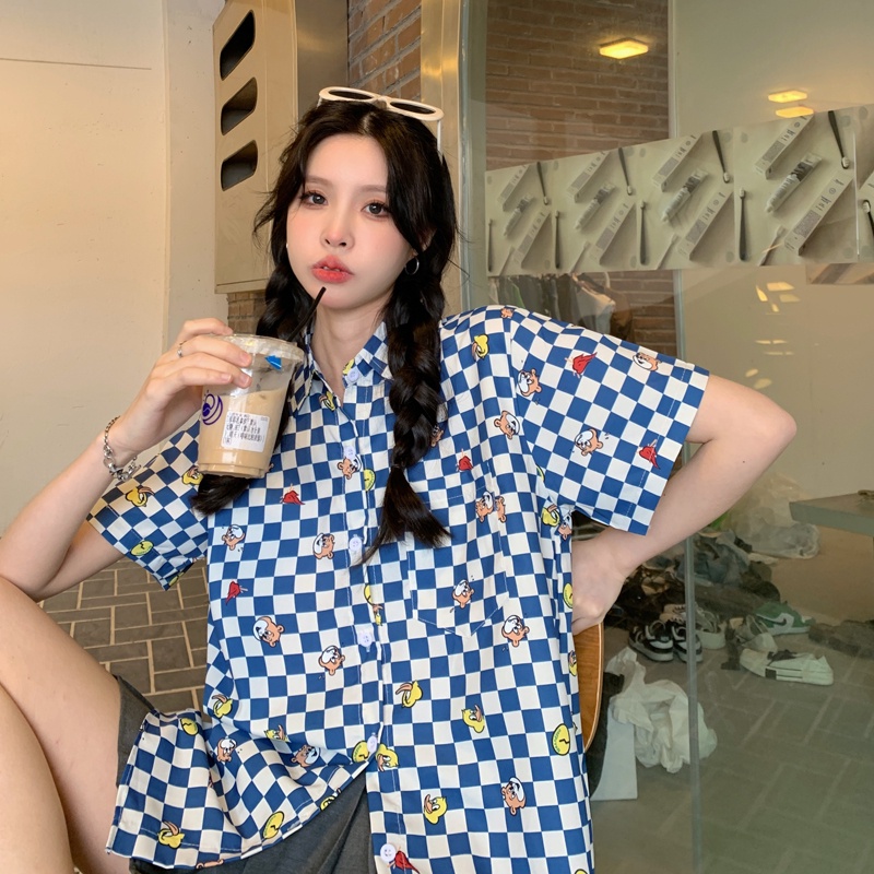 【ZHELIHANGFEI】Áo Sơ Mi Tay Ngắn Form Rộng Họa Tiết Sọc Theo Phong Cách Preppy Dễ Phối Đồ