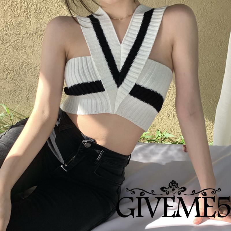 Áo Croptop Dệt Kim Sát Nách Cổ Chữ V Màu Sắc Tương Phản Thời Trang Mùa Hè Cho Nữ