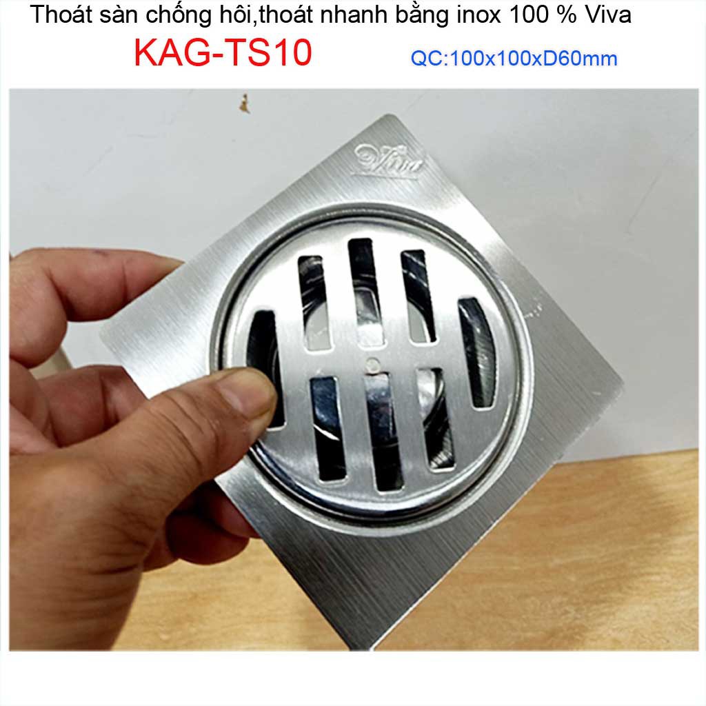 Hố ga thoát sàn Viva ống 6cm Inox mờ, phễu thoát nước chống hôi vuông 10x10cm KAG-TS10