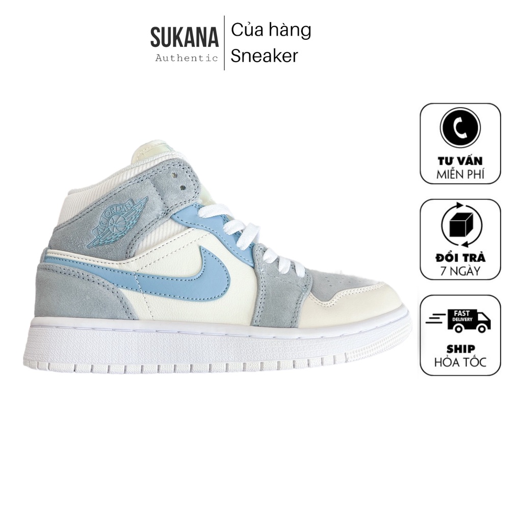 Giầy thể thao cổ cao JD xanh xám da lộn 1.1 , Air Jordan 1 Mid Mixed Textures Blue Xanh Da Lộn full bill box