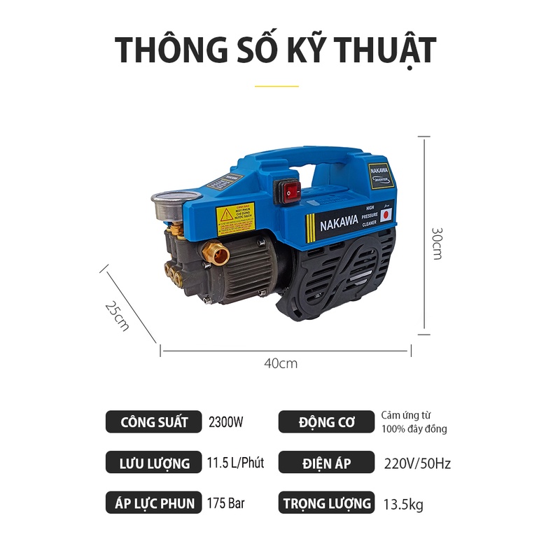 Máy rửa xe NAKAWA NK666 công suất 2300W, Motor từ dây Đồng dùng cho gia đình phun rửa sân, ô tô, xe máy