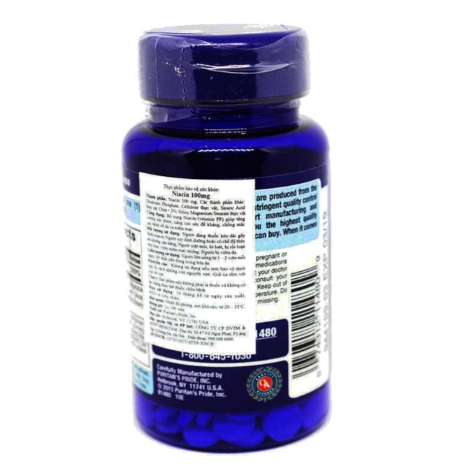 Viên uống bổ sung Vitamin B3 PP nhiệt miệng, viêm da, ngừa lão hóa Puritans Pride Niacin 100 viên.