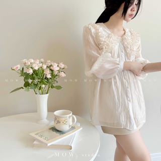 Áo sơ mi cổ viền bèo chất liệu tơ nhăn cao cấp made by Mow studio