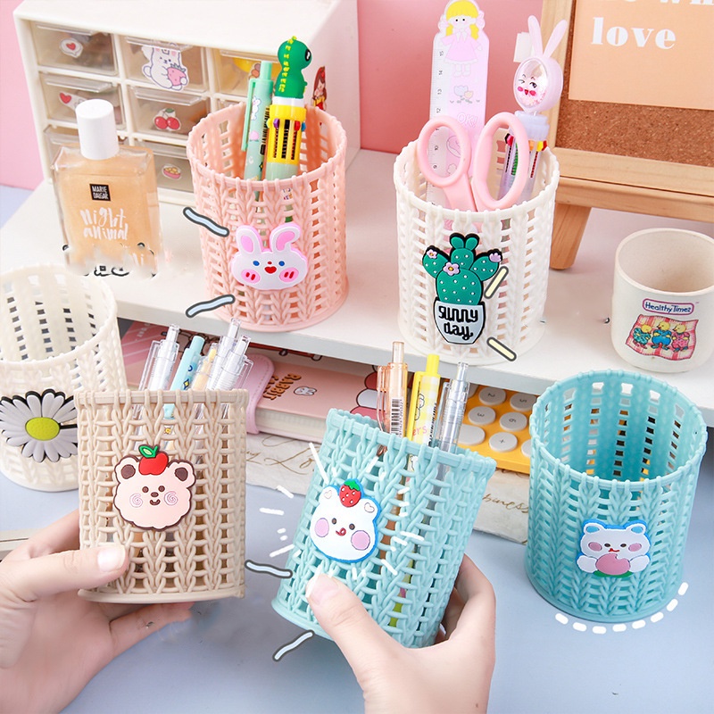 Ống Cắm Bút Để Bàn Họa Tiết Mây Tre Đan Màu Pastel Xinh Xắn Decor Bàn Học Kệ Tròn Đựng Mỹ Phẩm Đa Năng Tiện Lợi Học Sinh