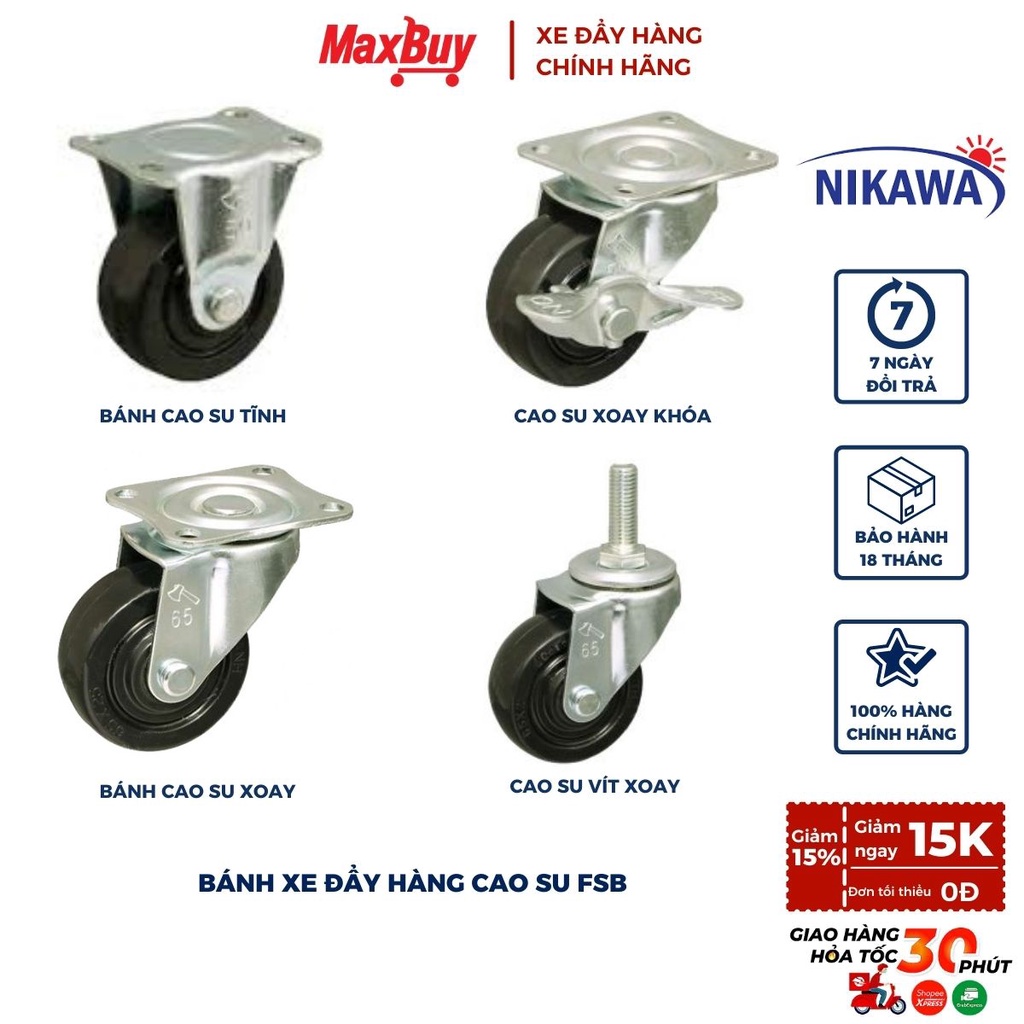 Bánh xe đẩy hàng cao su dày chịu lực NIKAWA  giảm ồn xoay 360 độ cao cấp 5cm, 10cm, 12cm hàng nhập khẩu giao hỏa tốc HN
