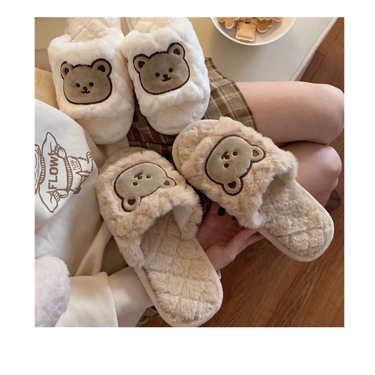 Dép bông lông mềm hình con gấu đi trong nhà kèm ảnh thật