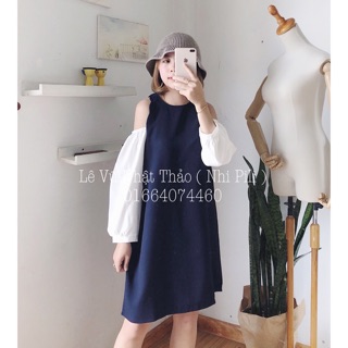 Đầm rớt vai phối tay trắng