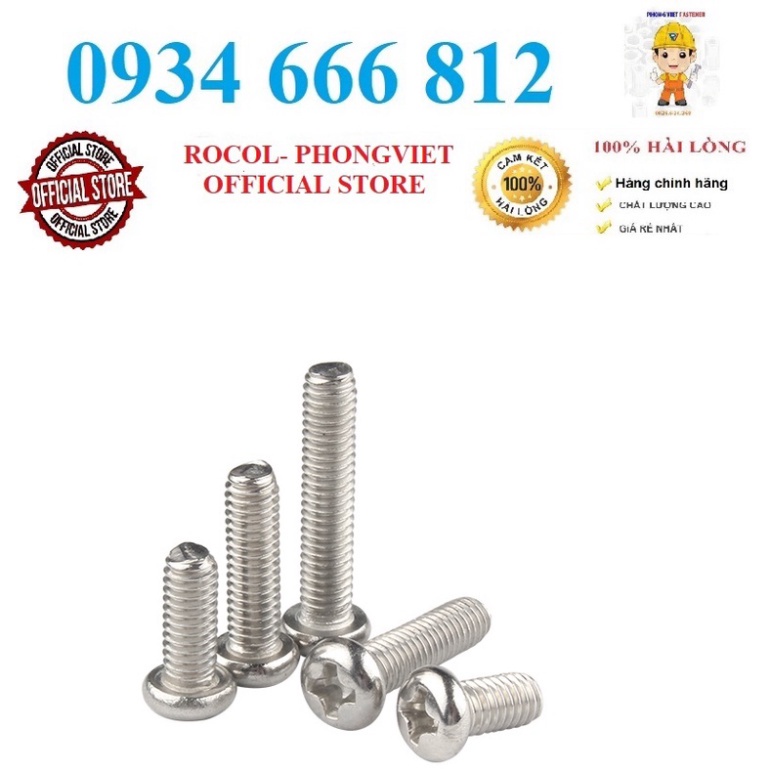 Combo 50c Vít pake đầu tròn thân bulong inox304 M2.5X5, M2.5X6, M2.5X8, M2.5X10