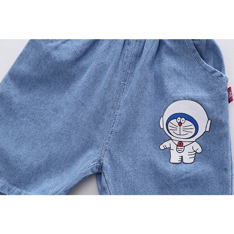 Set Áo Thun Tay Ngắn Cổ Tròn + Quần Short Denim In Hình Doraemon Thời Trang Mùa Hè Cho Bé Size 80-120cm