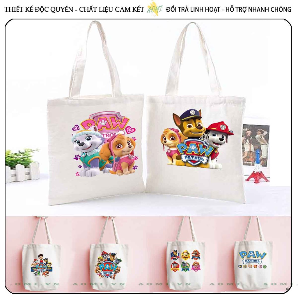 TOTE CANVAS đội chó cứu hộ trẻ em TÚI VẢI ĐEO VAI BAG CÓ KHÓA KÉO SIZE LỚN 33x38cm AOMIVN DU LỊCH DẠO PHỐ