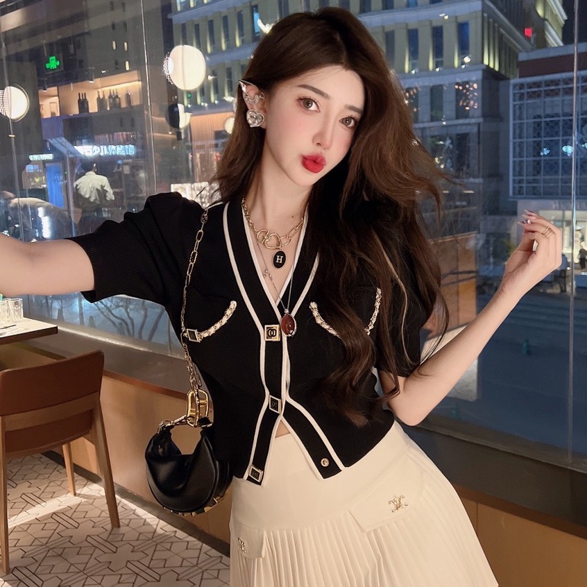 SUXI Áo Cardigan Ngắn Tay Cổ Chữ V Màu Sắc Tương Phản Đơn Giản Thời Trang Mùa Hè Cho Nữ