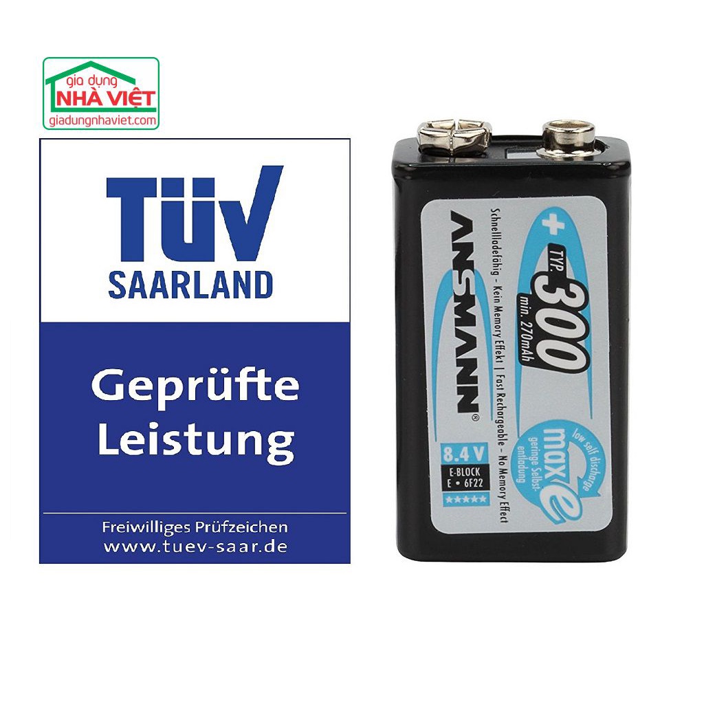 Pin sạc ANSMANN 9V NiMH E-Block 6F22 dung lượng cao 300mAh