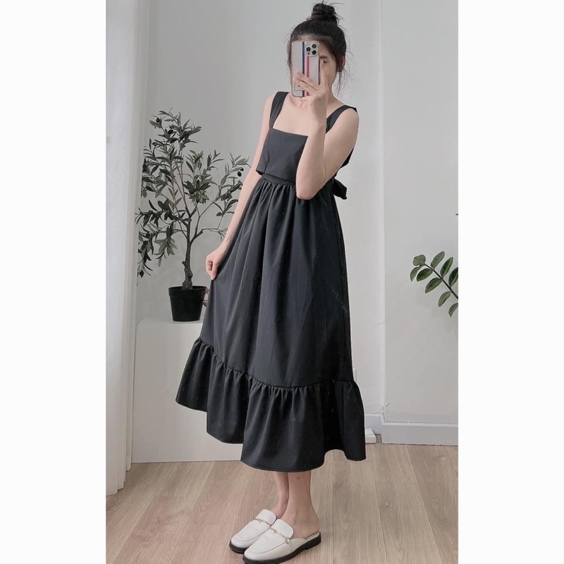 Đầm - Váy maxi hai dây buộc nơ lưng xoè đuôi cá hai màu Ulzzang