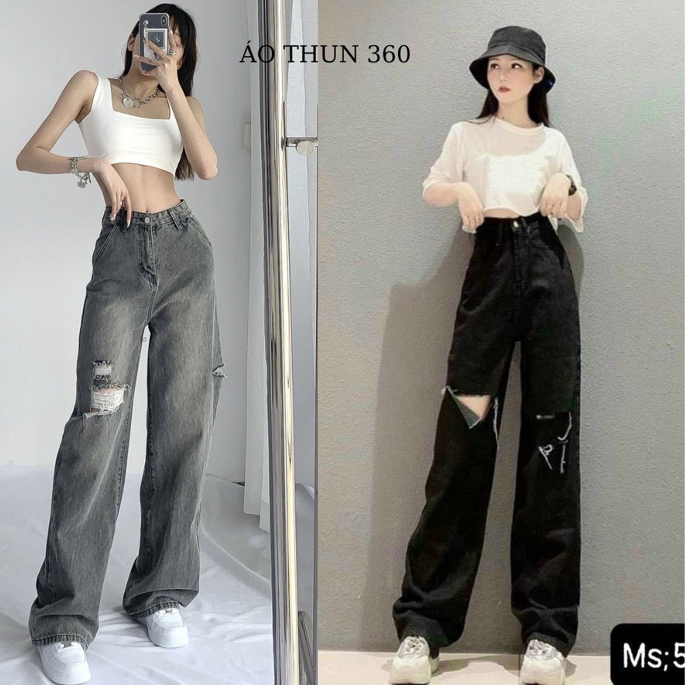 Quần jean bò nữ ống rộng dáng xuông QC rách gối basic màu xám, đen phong cách Ulzzang đủ size S M L