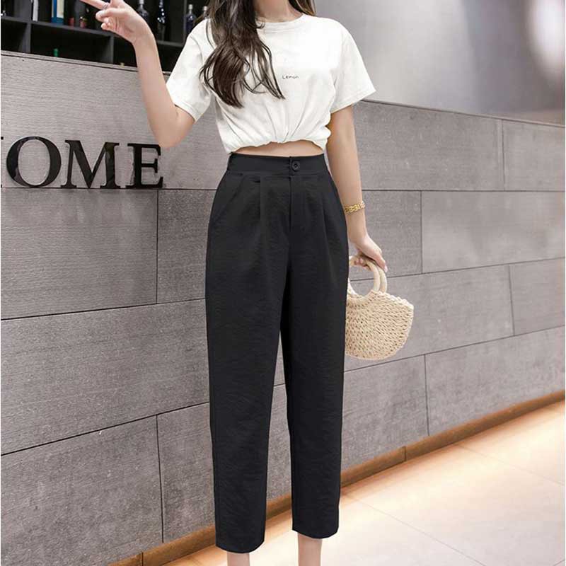 Quần Baggy đũi nữ cạp cao lưng chun khóa thật dáng lửng - Chất vải đũi xước màu Kem / Đen cực Xinh [Hàng HOT 2021] | BigBuy360 - bigbuy360.vn