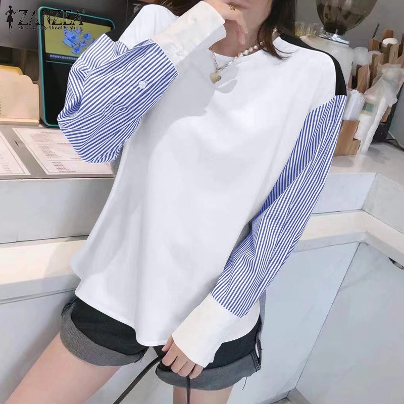 Áo sơ mi ZANZEA tay dài cổ tròn họa tiết kẻ sọc thời trang cho nữ