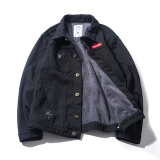 Áo khoác Denim lót nhung dày dặn họa tiết rằn ri thời trang mùa đông cho nam giới