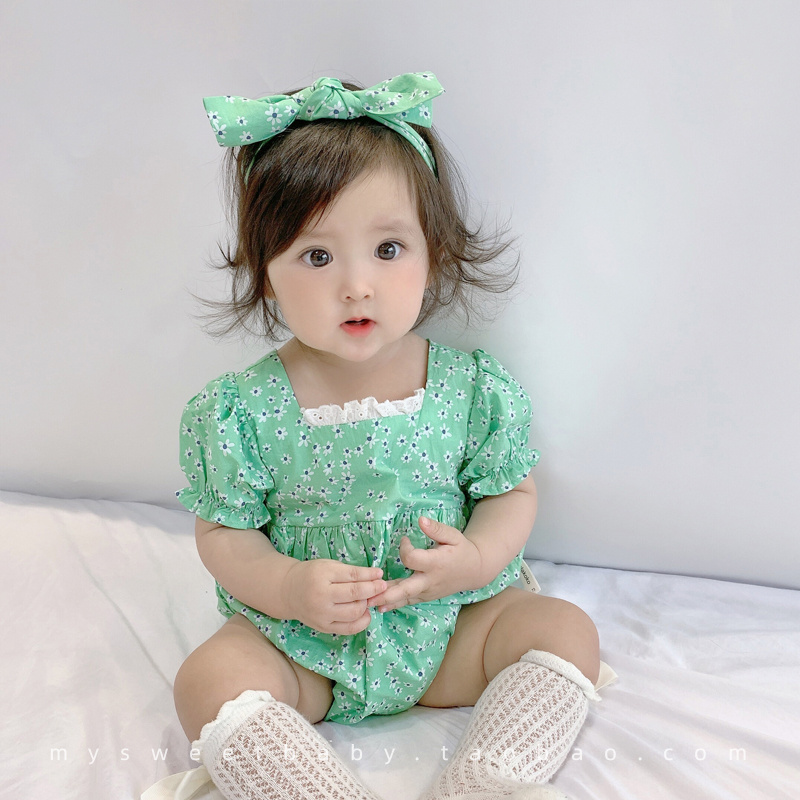 Bộ Áo Liền Quần Tay Ngắn Phối Ren Hoa Và Băng Đô Thời Trang Mùa Hè Dành Cho Bé Gái Sơ Sinh