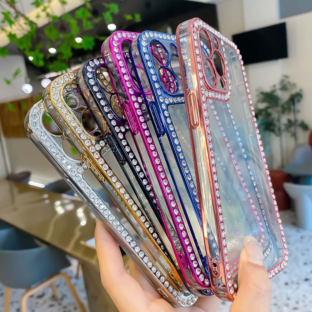 Ốp Điện Thoại Trong Suốt Viền Kim Cương Bảo Vệ Camera Cho Iphone 13 Pro Max 12 11 Pro Max Sự Bảo Vệ